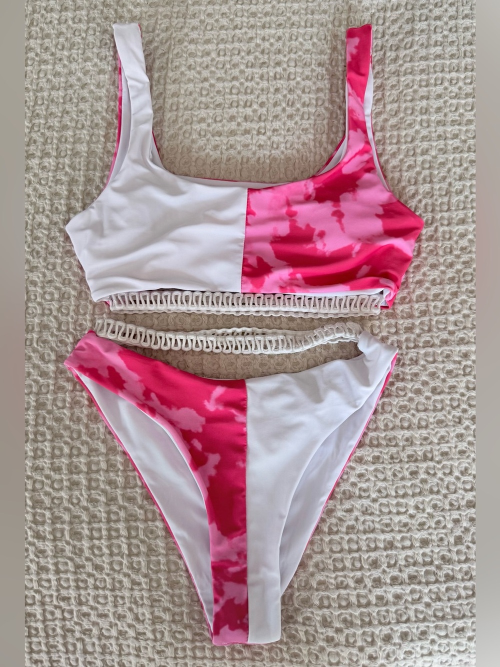 Women's Pink & White Colorblock Bikini Set with Crochet Waist Detail